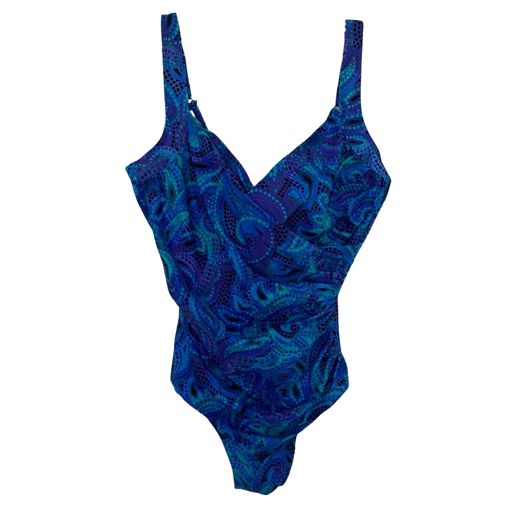 Purple blue one piece stretch underwire bra swimsuit- waist minimizer- Sz 14
